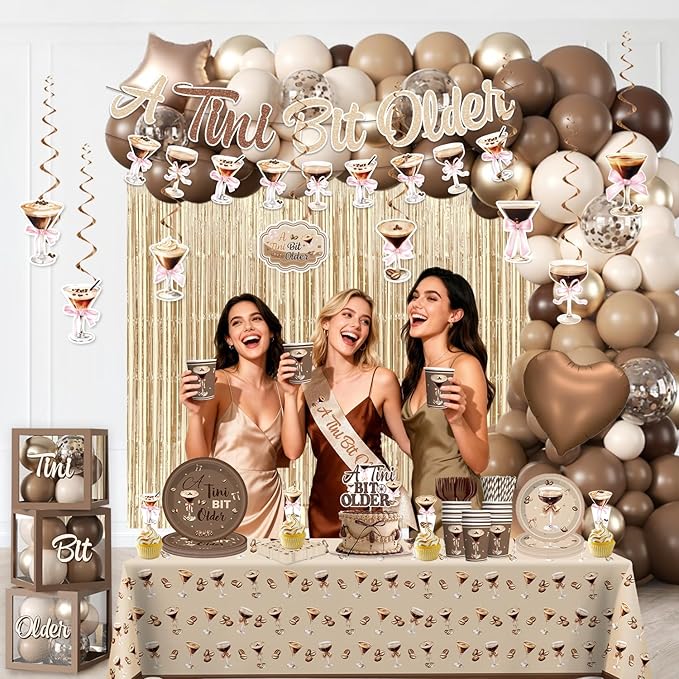 300pcs Tiny Bit Older Espresso Martini Birthday Decorations Serve 25, All-in-one Set with Balloon Arch Fringe Curtain Tableware Balloon Box Cupcake Topper Sash, for Girl Women Espresso Martini Party