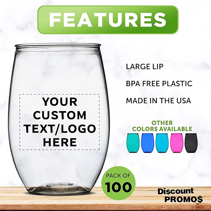 Custom Plastic Stemless Wine Glasses 16 oz. Set of 100, Personalized Bulk Pack - BPA Free, Great for Outdoor Lounges, Poolside, Parties and Other Events - Clear