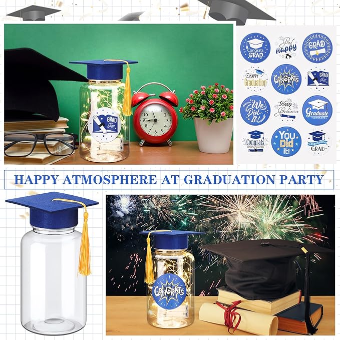 Boao 16 Sets Graduation Table Decoration Set with LED Light up Graduation Decorations for Class of 2026, Grad Jar, Felt Grad Hat and Stickers for High School College(Blue)