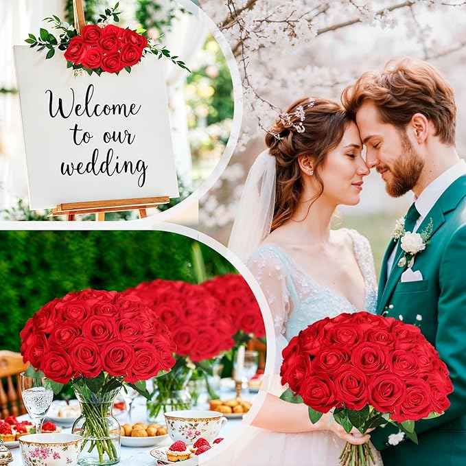 100 Pcs Fake Red Roses Artificial Flowers Bulk, Faux Velvet Silk Rose Bouquet with Long Stems Real Look for Wedding Party Centerpieces Vases Decor