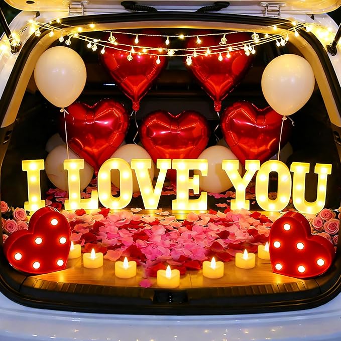 73 PCS I Love You Light Up Letters Set, with 30 Tea Lights Candles, Rose Petals, Round Pearlescent Balloon, Aluminum Balloons, Romantic Valentine's Day Wedding Engagement Birthday Party Decoration
