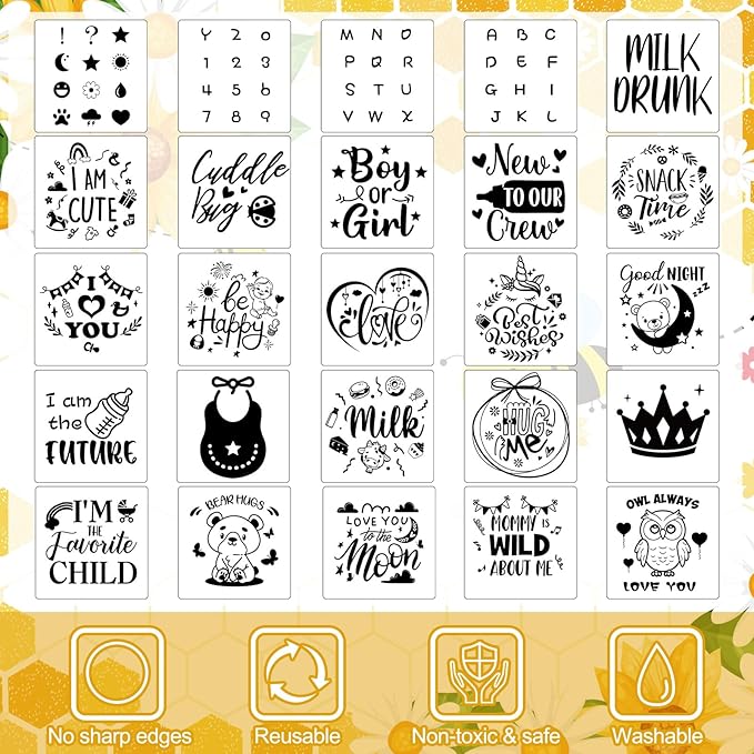 Panitay 126 Pcs Baby Shower DIY Bodysuit Set Bib 25 Blank White Newborn Bodysuit 25 Stencils 24 Marker 1 Sign 50 Pins(Bee)