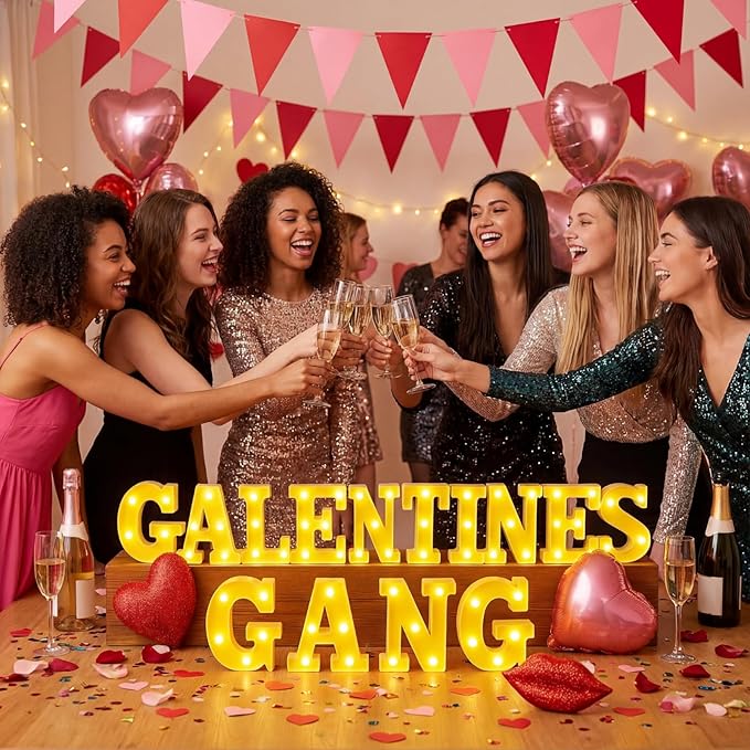 Honoson 14 Pcs Galentines Day Party Decorations Galentines Gang Lights up Sign Girls Ladies Galentine's Day Party Decorations Fireplace Table Decor