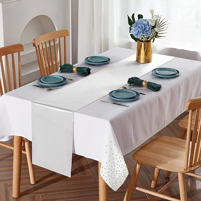 MASHAN 16Pack Disposable Plastic Tablecloths and Satin Table Runner Set White and Silver Dot Tablecloth Silver Satin Table Runner for Wedding Birthday Baby Shower Christmas New Year Party Decorations