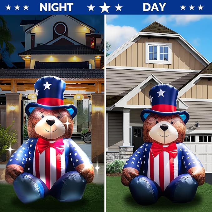 5.6FT 4th of July Inflatables Bear with Bow LED Inflatable Outdoor Holiday Yard Decorations Blow Up Decor for Patriotic Decorations Advertising Business Promotion