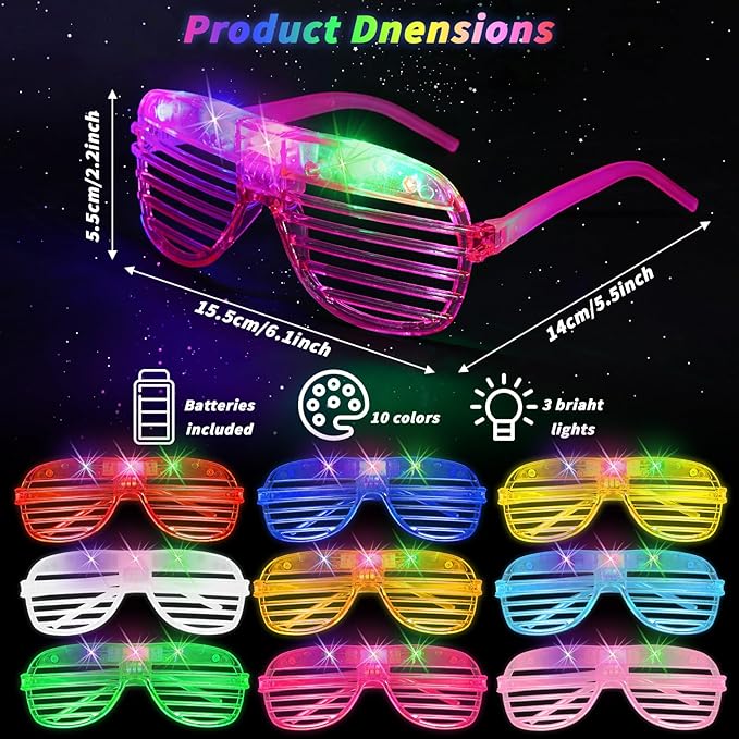 100 Pack Light Up Glasses, LED Glasses 10 Neon Color Led Glasses, Shutter Shades Glow Stick Sunglasses, Neon Party Supplies for Kids Adults Birthday Wedding New Year Glow Toys Cosplay Christmas