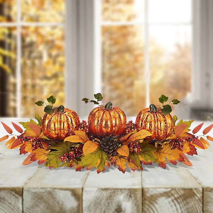 Fall Table Centerpiece with 3 Harvest Pumpkins, Lighted with Timer for Thanksgiving Table Decorations Centerpieces, Autumn Home Decor Battery Operated, 28 Inches