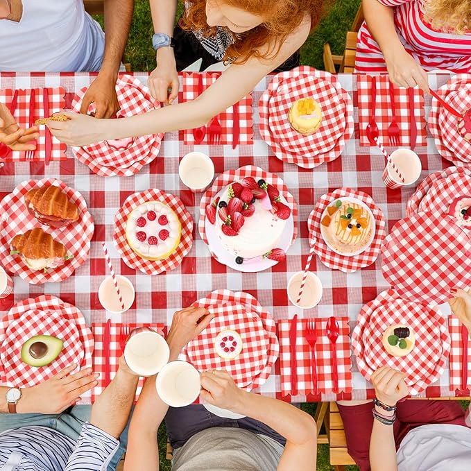 452 Pcs Red Gingham Party Supplies for 50, Red and White Gingham Checkered Paper Plates Napkins Cups Tablecloth Cutlery Straws for Birthday Family Picnic Camping Barbecue Party Decoration