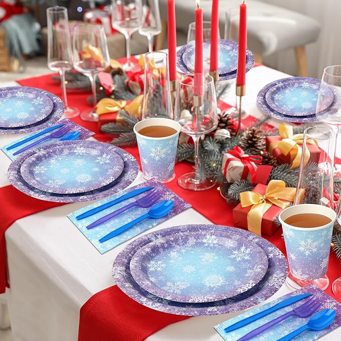 Winter Snowflake Paper Plates and Napkins Set, Blue and Purple Snowflake Winter Wonderland Disposable Tableware for Christmas Winter Holiday New Year Birthday Party Supplies Decorations, Serve 50