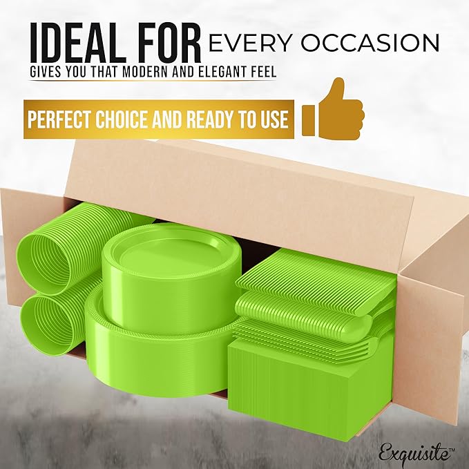 350 Pcs Lime Green Plastic Plates For Party, Lime Green Disposable Plates Set, 50 Of Each 9" Dinner Plate Set, 7" Dessert Plate, Cups, Napkins & Cutlery Plastic Dinnerware Exquisite