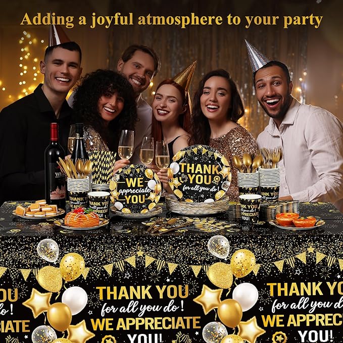 452 Pcs Black Gold We Appreciate You Decorations for 50, Thank You Paper Plates Napkins Cups Tablecloth Cutlery Straws for Employee Housekeeping Week Pastor Appreciation Party Supplies