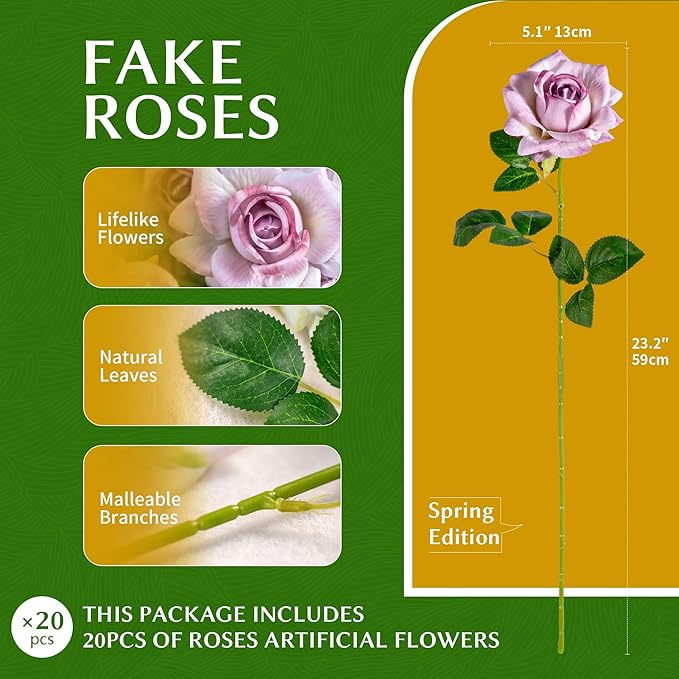 Artificial Flowers Artificial Roses Fake Roses 23.2In Long Stem Artificial Flowers for Tall Vase Silk Rose 20PCS Suitable for Wedding Party Decor Valentine's Day DIY Bouquet Spring (Purple)