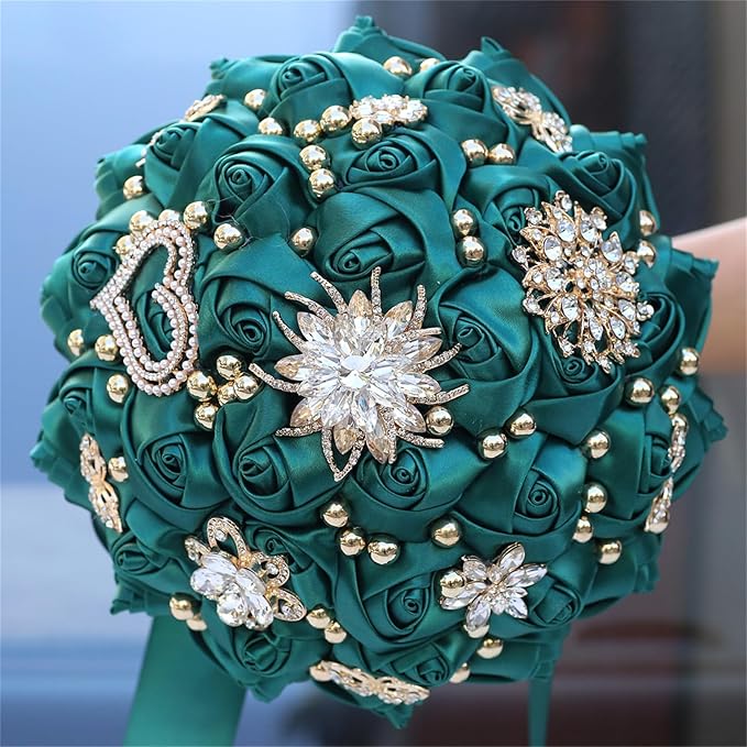 Bridal Wedding Bouquet for Bride Bridesmaid Wedding Quinceanera Throw Toss Artificial Rose Flower Bunch with Bling Brooch (07G#Dark Green, Small (Dia. 7.5"/18cm))