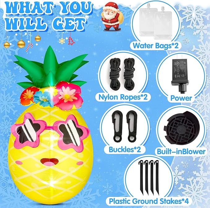 5FT Winter Inflatable Pineapple Winter Decor Blow up Pineapple Built in 4 LED Lights Outdoor Decorations Giant Inflatable for Birthday Pool Beach Yard Lawn Frozen Party Supplies