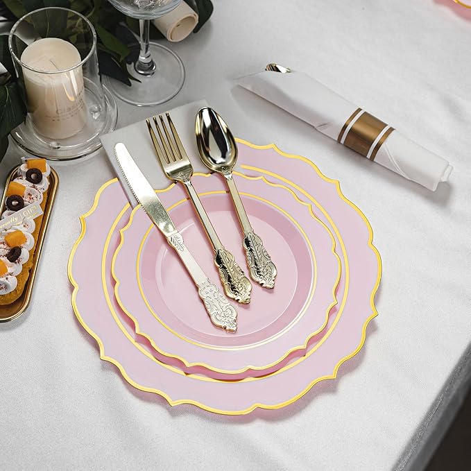 350PCS Pink Plastic Plates, Gold Plastic Dinnerware Sets for 50 Guests, Include 100 Disposable Plates, 50 Cups and 50 Pre Rolled Napkins with 150 PCS Gold Silverware for Party and Wedding