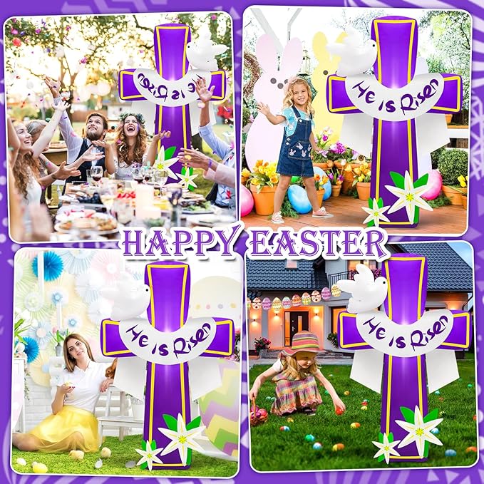 MICOCAH 4.5FT Easter Inflatables Outdoor Decorations He is Risen Inflatable Cross Blow Up with Lilies and Doves Build in LED Lights for Indoor Yard Garden Lawn Party Holiday Christian