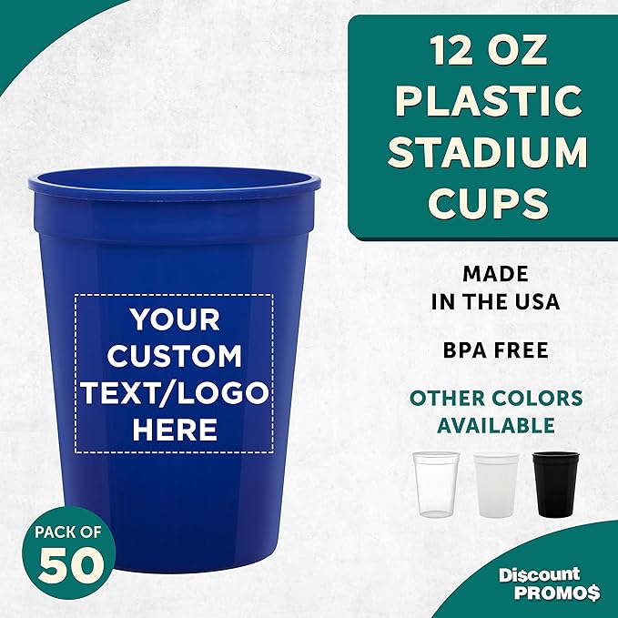Custom Disposable Plastic Cups 12 oz. Set of 50, Personalized Bulk Pack - Perfect for Summer, Sporting Events, Birthdays, Weddings, Picnic, Beach, Parties - Reflex Blue