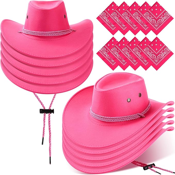 Coume 10 Set Cowboy Hat and Bandana for Women Men 10 Felt Cowgirl Cowboy Hat Bulk 10 Western Bandanas for Adult Costume Party