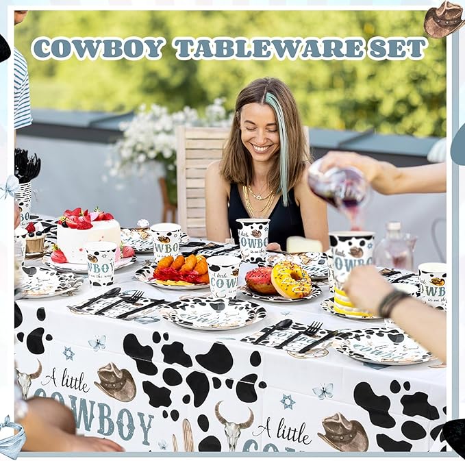 452 Pcs Cowboy Baby Shower Party Decorations Include a Little Cowboy Is on the Way Paper Plates Napkins Cups Tablecloth Cutlery Straws for girl Girl Baby Shower Party Supplies