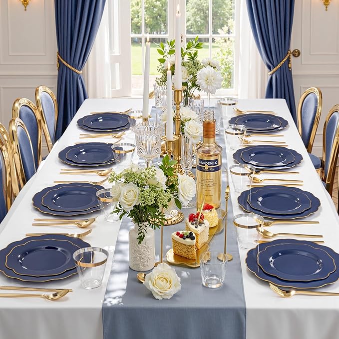 bUCLA 180PCS Blue Plastic Plates - Navy Blue and Gold Rim Disposable Include 30 Each (Dinner & Dessert) Plates, 30 Knives, 30 Forks, 30 Spoons and 30 Cups, Ideal for Party, Gathering and Hanukkah