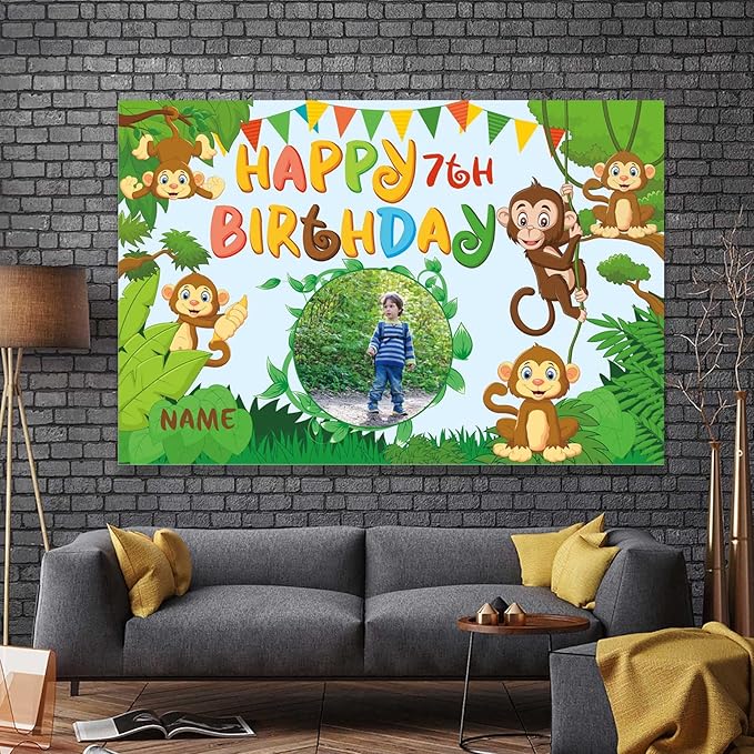 Custom Monkey Jungle Safari Happy Birthday Party Decorations Supplies Personalized Monkey Jungle Safari Green Birthday Backdrop Banner(5x7.5ft)