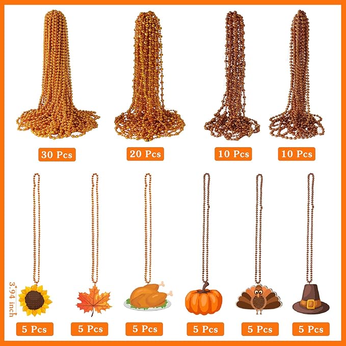 100 Pcs Thanksgiving Beads Necklaces, Orange Brown Bead Necklaces With Maple Leaf Pumpkin Turkey Pendants For Thanksgiving Patry Favors, Fall Decoration