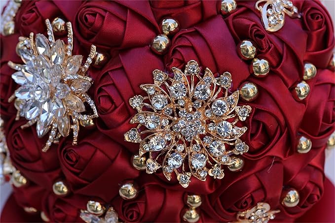 Bridal Wedding Bouquet for Bride Bridesmaid Wedding Quinceanera Throw Toss Artificial Rose Flower Bunch with Bling Brooch (07G#Wine red, Large (Dia. 9.8"/24cm))