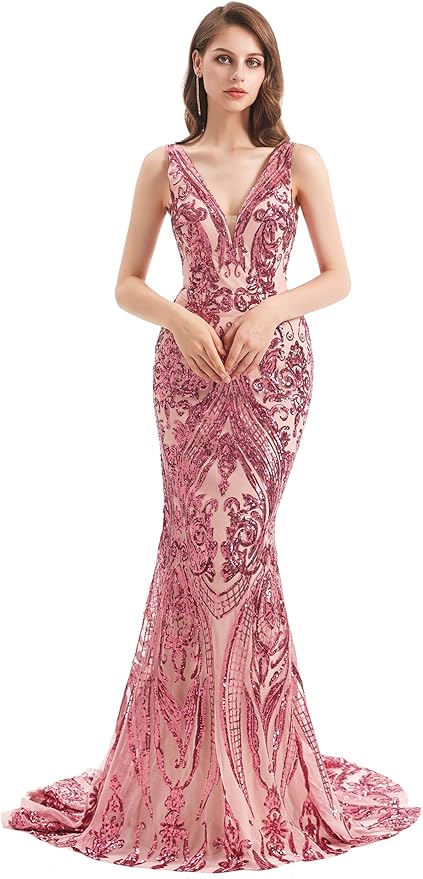 Women's Double V-Neck Sequins Lace-up Mermaid Evening Dress