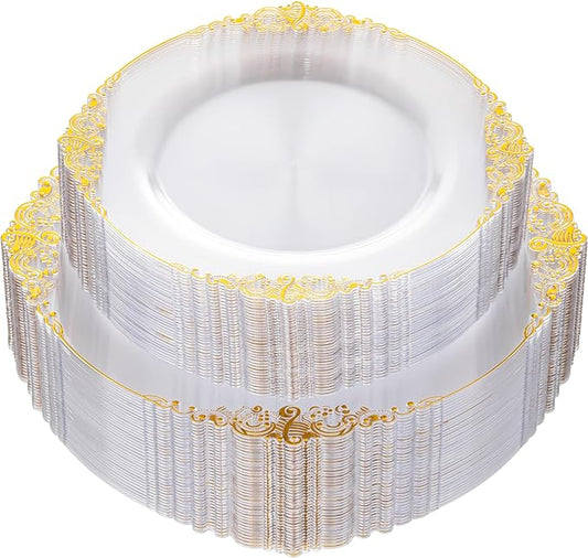 Nervure 100Pcs Clear and Gold Plastic Plates - Heavyweight Gold Disposable Plates - Plastic Plates Include 50Pcs 10.25inch Dinner Plate & 50Pcs 7.5inch Dessert Plate for Wedding & Party & Thanksgiving