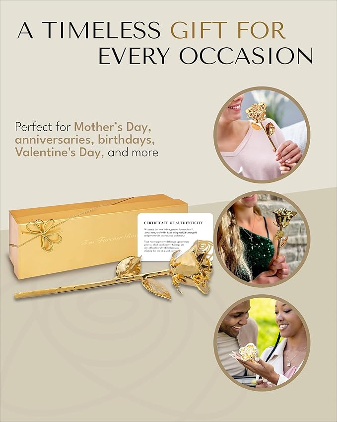 Forever Rose 24K Gold Dipped Real Rose – Handmade, Long-Lasting Preserved Flower in Gold Gift Box – Romantic Gift for Anniversary, Valentine's Day, Mother's Day, Birthday, Wedding, Wife, Girlfriend