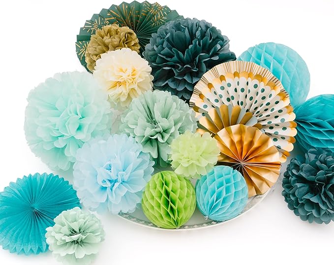 PapaKit Deluxe Origami Large Wall Decoration Set (Assorted Paper Fans & Pom-poms) Birthday Party Baby Shower Wedding Event Decor | Creative Art Design Pattern (Sage Green, Deluxe 26 Piece Set))