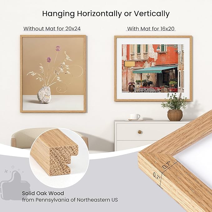 Axeman 20x24 Frame | Solid Oak Wood 20 x 24 Picture Frame With Mat for 16x20 | 24x20 Wood Poster Frame | Tempered Glass and Hanging Hardware Included Home Wall Decor Art Hanging Frame | Natural