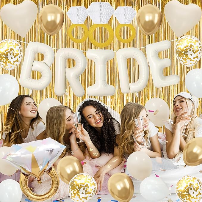 Vlipoeasn 39PCS Bachelorette Party Decorations Kit, Sand White Bride to Be Party Decorations, Bride to Be Sash & Veil, Tattoo Sticker, Foil Curtains, Balloons, Bridal Shower Party Supplies