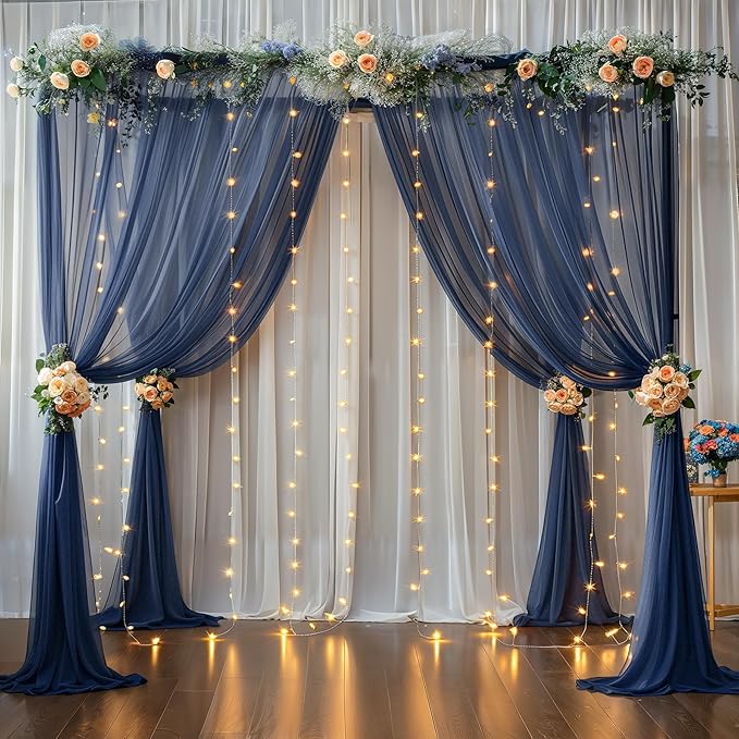 20x10ft Navy Blue Tulle Backdrop Curtain with Lights String for Parites, Sheer Photo Backdrop Curtains with Lights for Wedding Backdrop Ceremony Reception Bridal Shower Baby Shower Birthday Party