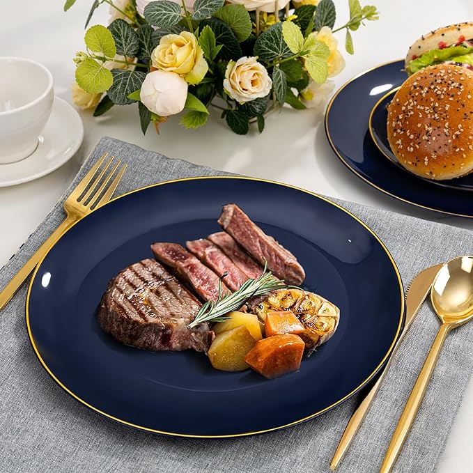 bUCLA 150PCS Blue and Gold Plastic Plates - 25 Guests Navy Blue Plastic Dinnerware Disposable for Party and Hanukkah - Include 25 Dinner/Dessert Plates, 25 Knives, 25 Forks, 25 Spoons, 25 Cups