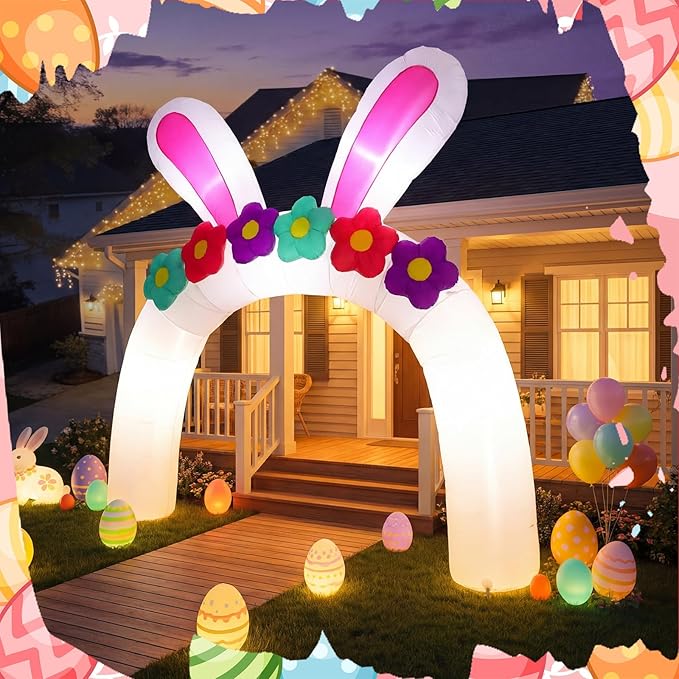 VIHOSE 10FT Easter Bunny Inflatable Arch with Flowers Giant Easter Blow Up Yard Decoration Rabbit Ear Archway Yard White Decoration with Build-in LED for Party Lawn Easters Egg Hunt Event