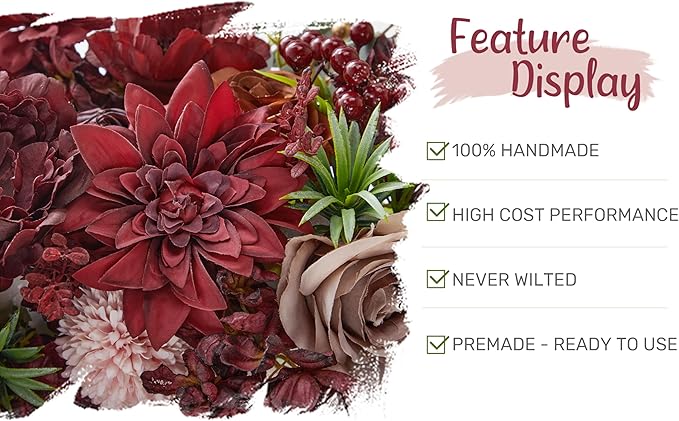 Wedding Arch Flowers with Drapes Kit (Pack of 4) - 2pcs Artificial Burgundy Deluxe Swag with 2pcs Sheer Drapes for Wedding Ceremony Arbor Reception Backdrop Rose Floral Decoration