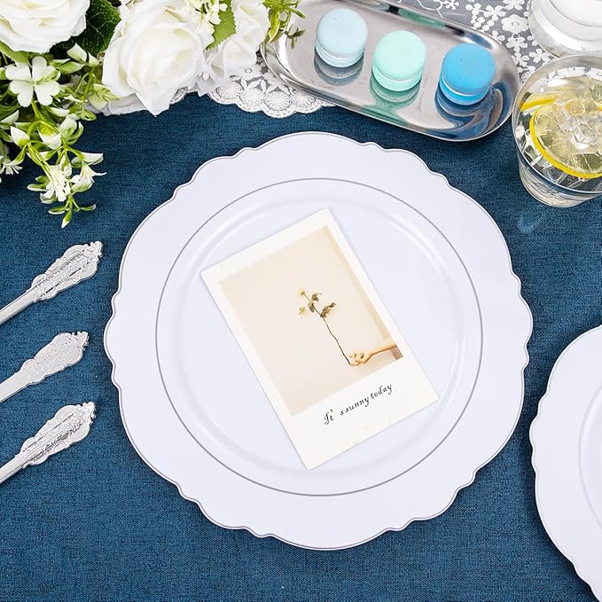 Liacere 175pcs Silver Plastic Plates - White and Silver Disposable - 25guest Baroque Plastic Dinnerware include 50Plates, 25Pack Pre Rolled Napkins with Silverware 25Cups for Christmas ＆ New Year