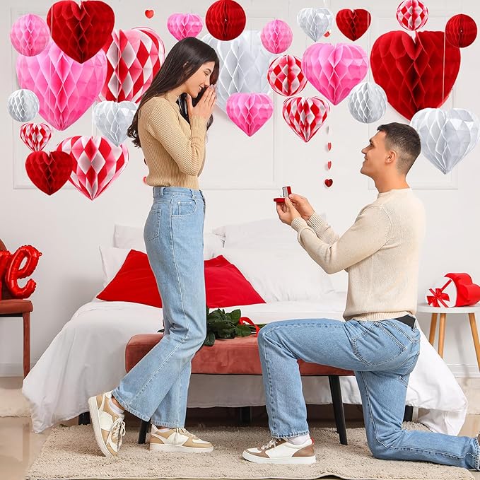 48 Pcs Valentine's Day Paper Heart Shaped Honeycomb Party Decorations Red Pink White Color Blocking Round Heart Tissue Paper Pom Poms for Birthday Wedding Decorations, 5 Size