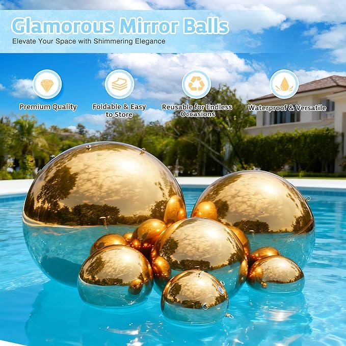 Inflatable Mirror Ball 6PCS Big Gold Shiny Balls Large Hanging & Standing PVC Disco Bubble Balloon with Electric Pump For Christmas, Birthday, Party, Wedding, Decoration, Other Events