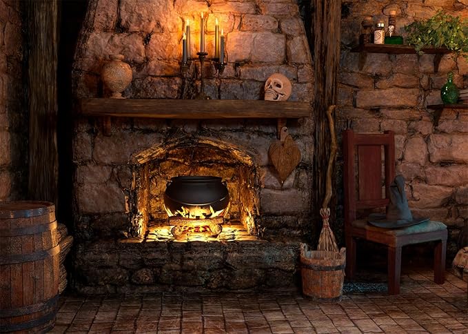 BELECO 20x10ft Fabric Spooky Witch Cottage Backdrop Halloween Witch Cabin Kitchen Fireplace Cauldron Candles Skull Sorcerer Photography Background Witch Party Decorations Photoshoot Studio Props