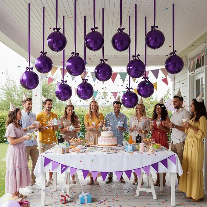 Jenaai 30 Set Round Foil Balloons Bulk 22 Inch 4d Metallic Giant Balloons Set with Satin Bows Ribbon for Ceiling Holiday Ornaments New Year Birthday Wedding Party Decoration(Purple)