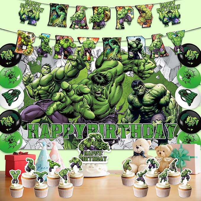 42pcs Hulks Birthday Party Supplies Pack Includes，Banner，Cake Topper，Blackdrop,Balloons for Hulks party Decoration