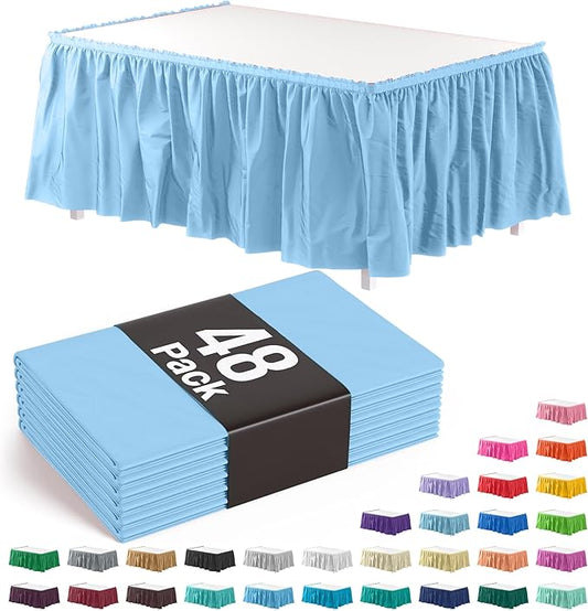 Exquisite Ruffle Table Skirt Light Blue 48 Pack 14 Ft Long Table Skirts for Rectangle Tables 6ft Plus or Round Tables Skirts with Adhesive Strip for Gender Reveal Decor & Happy Birthday Parties