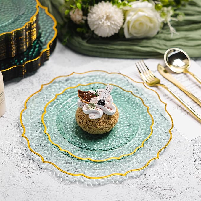 100 PCS Green Stone Texture Plastic Plates, Disposable Plates with Gold Rim, Heavy-duty Clear Plastic Plate Include 10" Dinner and 7" Salad Plate for Party and Wedding