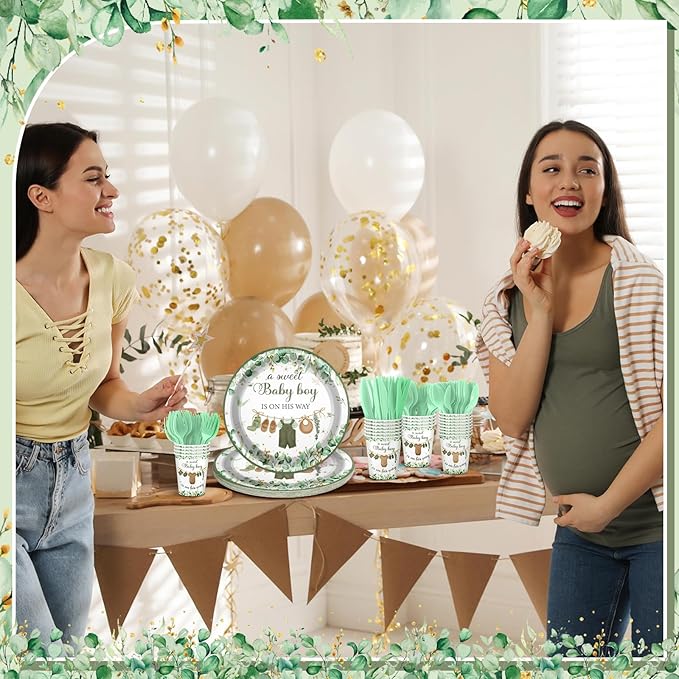 Dandat 350 Pcs Baby Shower Plates Set Baby Shower Party Supplies Serves 50 Tableware Sets Include Plates Napkin Cup Forks Knives Spoons Disposable Dinnerware (Boho,Green)
