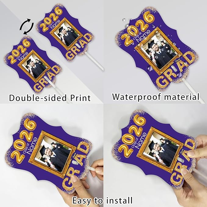 Personalized Graduation Double Sided Face Fan Class of 2026 Customized Graduation Head Face Cutout with Handle Fun Photo Prop Supplies(A-Purple and Gold,24pcs)