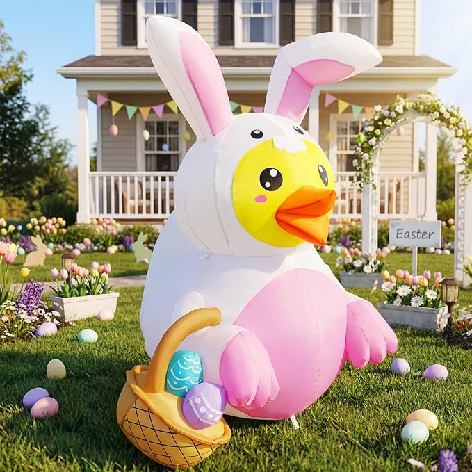 5FT Easter Inflatable Duck with Bunny Ears and Egg Basket, Built-in LED Lighted Blow Up Decoration for Home, Yard, Outdoor, Indoor, Garden, Lawn Easter Inflatables Outdoor Decorations