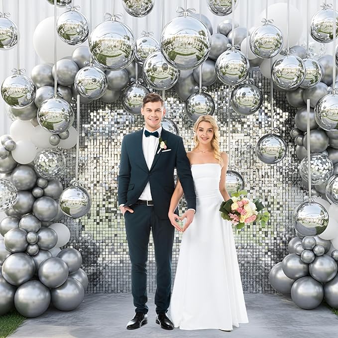 Jenaai 30 Set Round Foil Balloons Bulk 22 Inch 4d Metallic Giant Balloons Set with Satin Bows Ribbon for Ceiling Holiday Ornaments New Year Birthday Wedding Party Decoration(Silver)