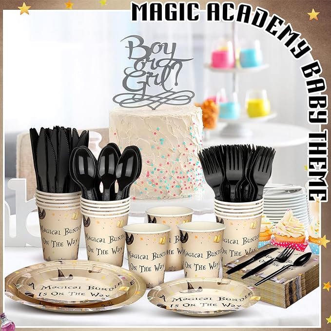 Dandat 350 Pcs Baby Shower Plates Set Baby Shower Party Supplies Serves 50 Tableware Sets Include Plates Napkin Cup Forks Knives Spoons Disposable Dinnerware(Magical Wizard,Black)